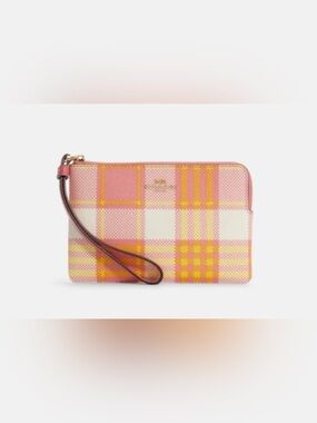 Coach Corner Zip Wristlet With Garden Plaid Print C8683 Taffy Multi Pink Yellow